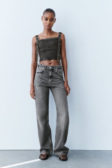джинсы с высокой посадкой trf широкие брюки светло-серого цвета. Zara