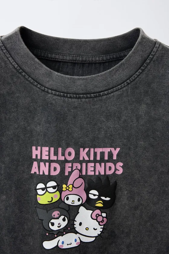 ФУТБОЛКА С ЭФФЕКТОМ ПОТЕРТОСТИ И ПРИНТОМ HELLO KITTY AND FRIENDS ©